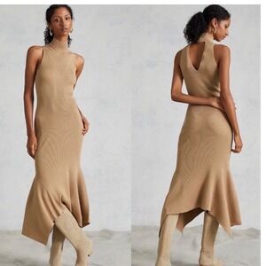ANTHROPOLOGIE Mock Neck Ribbed Knit‎ Midi Dress Size Large Tan